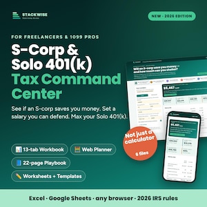 May include: A digital tax planning tool titled S-Corp & Solo 401(k) Tax Command Center for freelancers. The graphic displays a 13-tab workbook, a 22-page playbook, and web planner interfaces on a computer screen and smartphone.