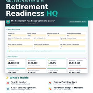 Puede incluir: Un kit de herramientas digital interactivo de preparación para la jubilación titulado Retirement Readiness HQ para parejas estadounidenses de 50 a 65 años. La interfaz muestra un panel con datos financieros, patrimonio neto y ahorros proyectados.