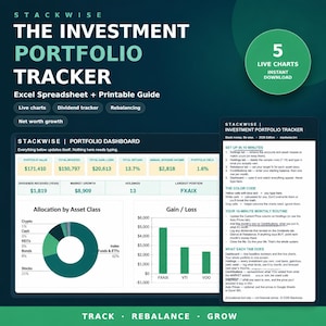 May include: The Stackwise Investment Portfolio Tracker is a digital Excel spreadsheet and printable guide featuring a dashboard with financial metrics, a donut chart for asset allocation, a bar chart for gain and loss, and a setup instruction sheet.
