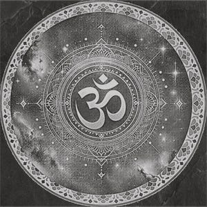 Op de afbeelding: Zwart-wit mandala-ontwerp met het Om-symbool in het midden. Het ontwerp bevat ingewikkelde patronen, hemelse elementen en een sterrenachtergrond, wat een spirituele en artistieke esthetiek creëert.