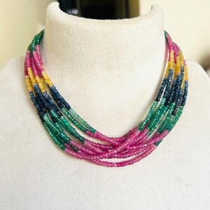 Natural Multi Sapphire Ruby Emerald Necklace | 7 Strand Gemstone Necklace | Rainbow Sapphire Jewelry | Handmade Statement Necklace