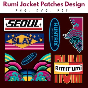 Pode incluir: Uma coleção de patches coloridos com vários designs e texto. Os patches incluem as palavras "SEOUL", "SLAY" e "HUNTRIX". Os patches são projetados para jaquetas e apresentam uma variedade de cores.