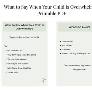 Może przedstawiać: Plik PDF do wydruku zatytułowany „Co powiedzieć, gdy Twoje dziecko jest przytłoczone”. Dokument zawiera listy zwrotów, których należy używać i unikać, gdy dziecko jest przytłoczone. Tekst jest czarny na jasnym zielonym tle z kwiatowymi akcentami.