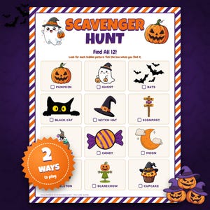 以下が含まれることがあります： 紫とオレンジのストライプの縁取りが施されたハロウィンのスカベンジャーハントゲームシート。ページには「SCAVENGER HUNT」、「Find All 12!」というテキストと、カボチャ、幽霊、コウモリ、猫、キャンディなど、ハロウィンをテーマにした12個のイラストのグリッドが描かれています。