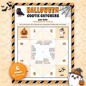 Halloween Cootie Catcher Printable, 6 Paper Fortune Tellers with Jokes, Fortunes and Dares, Classroom Party Activity, Kids Halloween Game