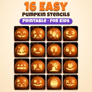 Easy Pumpkin Carving Stencils for Kids, 16 Printable Jack O Lantern Designs, Cute Pumpkin Faces, Cat & Ghost Stencils, Kids Pumpkin Carving