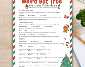 May include: A printed Christmas trivia game sheet titled Weird But True with a red and green striped border. The page contains questions numbered 25 through 36, featuring illustrations of a gingerbread man, candy canes, and a Christmas tree.