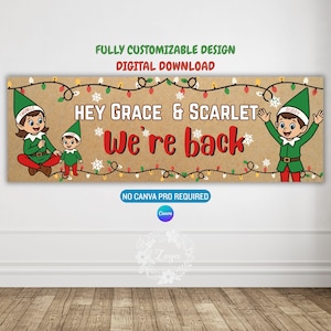 以下が含まれることがあります： 赤と白で「Hey Grace & Scarlet We're back」というテキストが入った、カスタマイズ可能なデジタルバナー。茶色の背景にエルフのキャラクターとストリングライトが描かれています。「Fully Customizable Design」と「Digital Download」という言葉も表示されています。