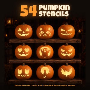 Ensemble de pochoirs pour sculpter des citrouilles, 54 visages de citrouilles Jack O'Lantern à imprimer, pochoirs d'Halloween faciles, mignons, drôles et effrayants, pochoir citrouille chat, pour enfants