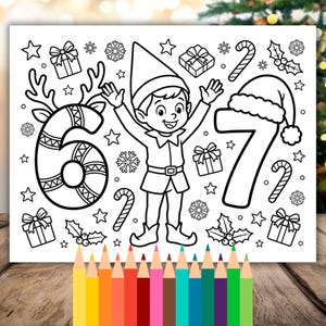 May include: Black and white line art coloring page featuring an elf character with arms raised, the numbers 6 and 7, gift boxes, snowflakes, candy canes, and stars. A set of colored pencils is at the bottom of the page.