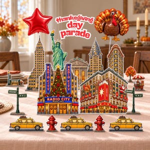 Défilé de Thanksgiving, décoration de table à faire soi-même, immeubles de New York, centres de table avec la skyline de New York, téléchargement numérique