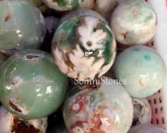 Natural Green Flower Agate Sphere, Green Sakura Cherry Blossom Agate Sphere, Soul Healing Crystal