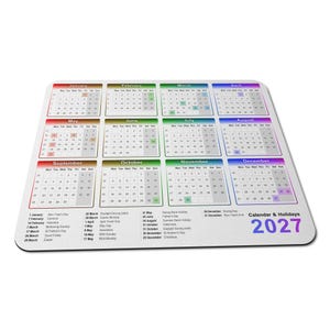 May include: A rectangular 2027 calendar mouse pad featuring twelve monthly grids with colour-coded headers. The bottom section lists specific holidays and dates. The design includes a white background with text in black and the year 2027 in blue.