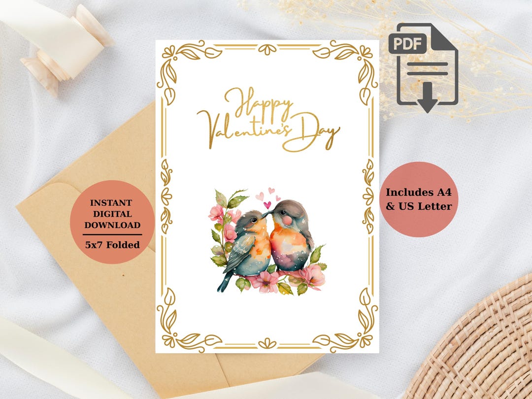 Birds in Love Valentine's Day Card Printable, Watercolor Love Birds ...