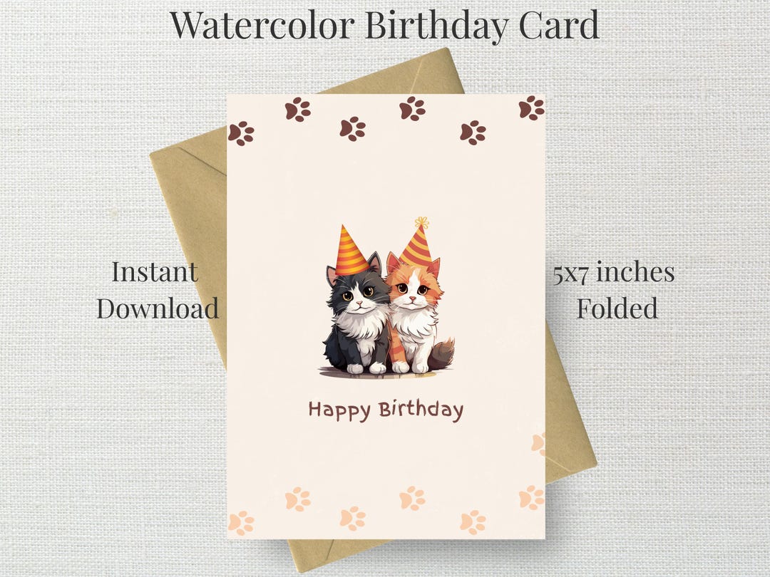 Cats in Party Hats Birthday Card- Printable Watercolor 5x7 Folded ...