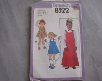 Vintage 1977 Child Dress or Jumper Pattern - Simplicity 8322- Size 3 and 4 - Toddler