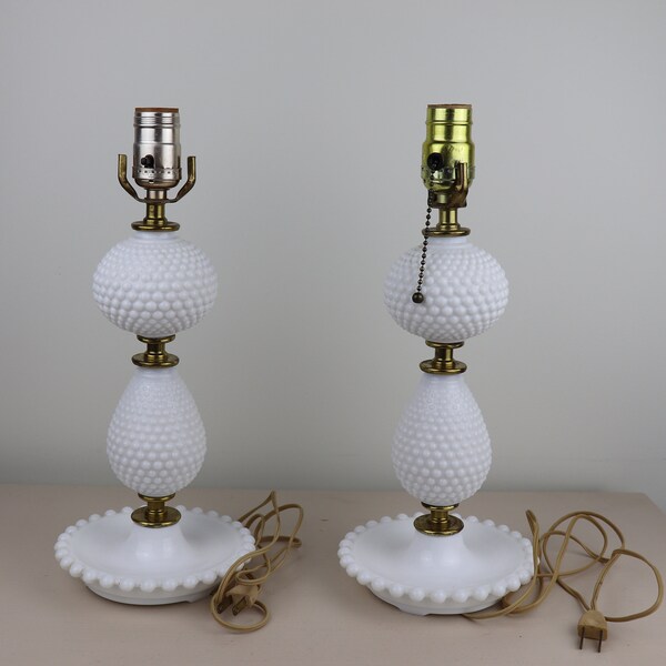 Set of 2 Vintage White Milk Glass Hobnail Lamps