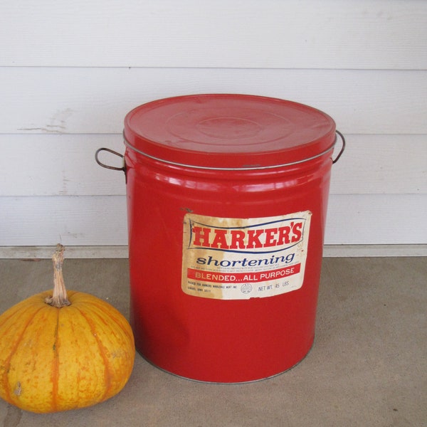 Vintage Red Harkers' Shortening Metal Large Tin with handles