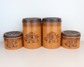 Vintage Brown Orange Canisters - Set of Four  - fruit and vegetable design