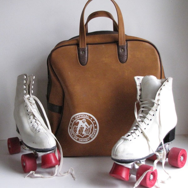 Vintage White Leather Women's Roller Derby Skates with Bag - size 8