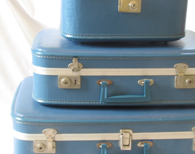 Vintage Retro Blue Luggage Set Set of Three Etsy