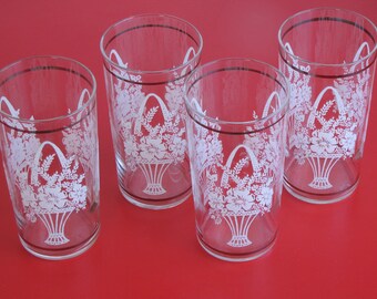 Vintage Clear Glass Tumblers - set of four with bouquet of flower design