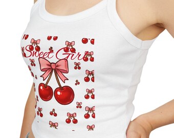 ♡Cherry Pattern Strap Top♡ Cherries With Bows Spaghetti Strap Tank Top, Cherry Bow Crop Tank