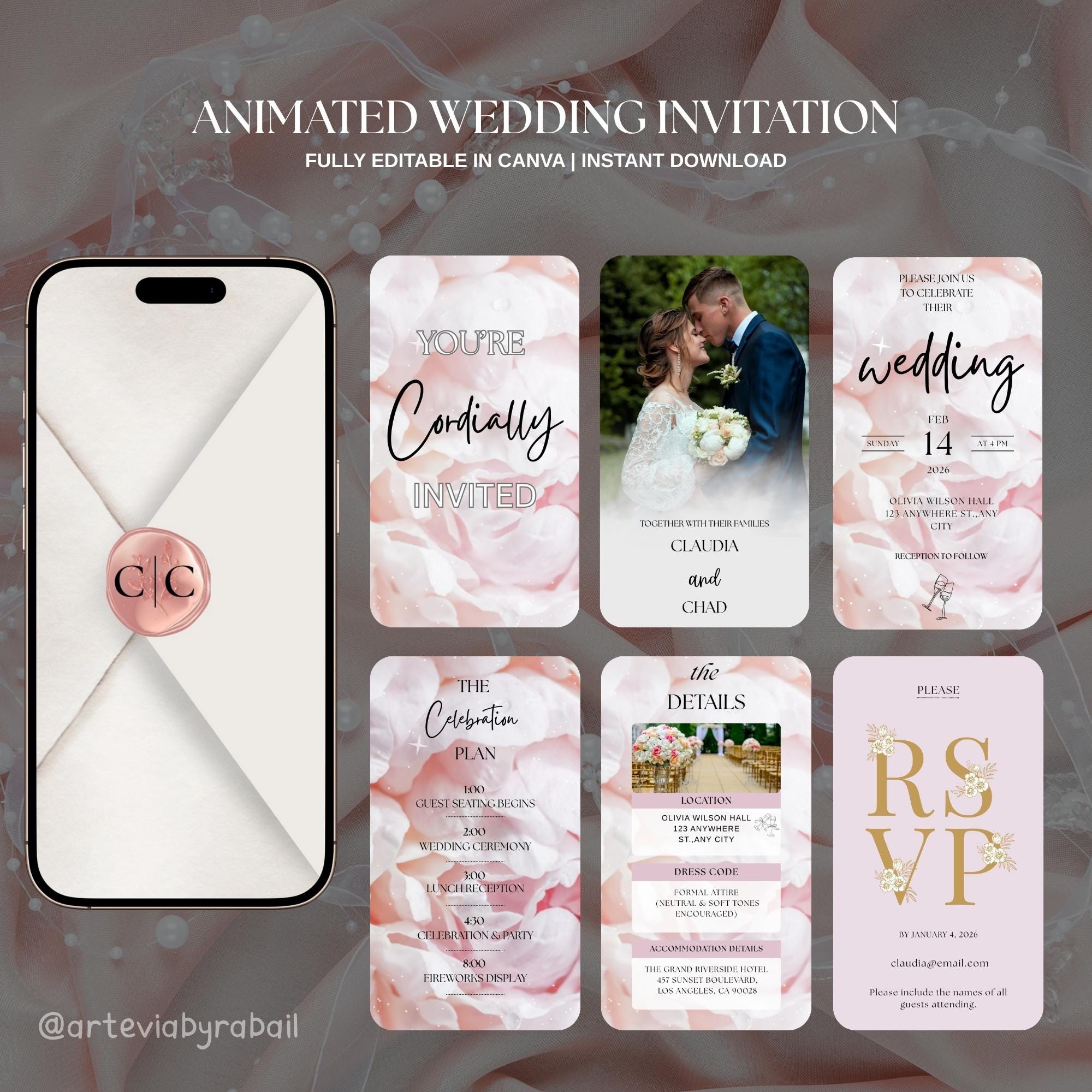 Animated Einvite Animated Wedding Invitation Video, Pink Floral Wedding Invite, Editable ...