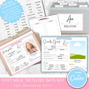 Puede incluir: Un kit de caja de recuerdos editable con plantillas temáticas escolares. Incluye hojas de portada, etiquetas, pestañas de archivos y páginas de imágenes. El kit presenta una combinación de colores rosa y azul, con el texto "Kit de inicio editable".