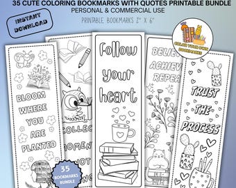 Puede incluir: Un conjunto de marcapáginas imprimibles para colorear con citas inspiradoras. Los marcapáginas miden 5 x 15 cm y presentan diseños con flores, búhos y corazones, con textos como "Follow your heart" y "Trust the Process".