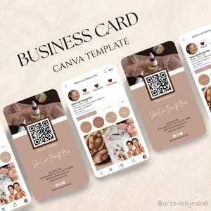 May include: A business card template with the text "BUSINESS CARD CANVA TEMPLATE". The card features a QR code and the text "SkinLuxe Beauty Bar". The design includes social media mockups with beauty-related images.