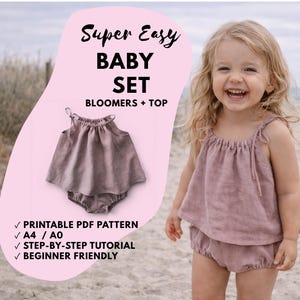 Puede incluir: Un conjunto de bebé en color rosa empolvado, que incluye braguita y top, se muestra en un niño sonriente. La imagen también presenta un gráfico con el texto "Super Easy BABY SET BLOOMERS + TOP" e información sobre un patrón PDF imprimible.