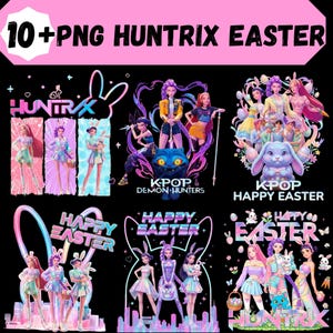 May include: Digital art featuring the text "10+PNG HUNTRIX EASTER" in pink. The image includes illustrations of anime-style characters with bunny ears, holding baskets and eggs, with the words "KPOP HAPPY EASTER" and "KPOP DEMON HUNTERS".