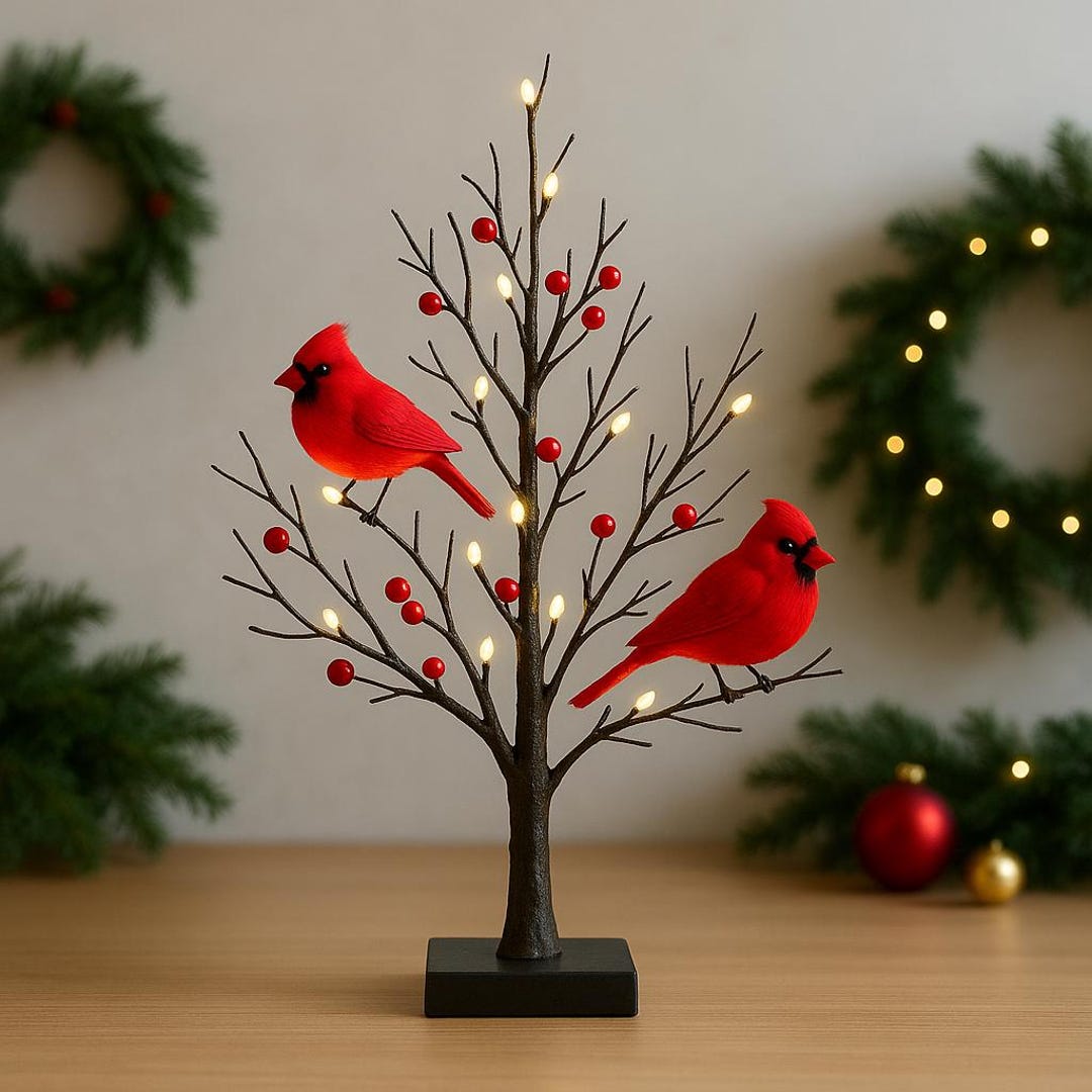 LED Birch Christmas Tree With Red Cardinals – 53cm Lighted Holiday ...