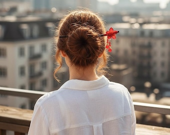 Red Flower Hair Stick, Dark Wood Hanfu Hairpin, Traditional Floral Chignon Accessory