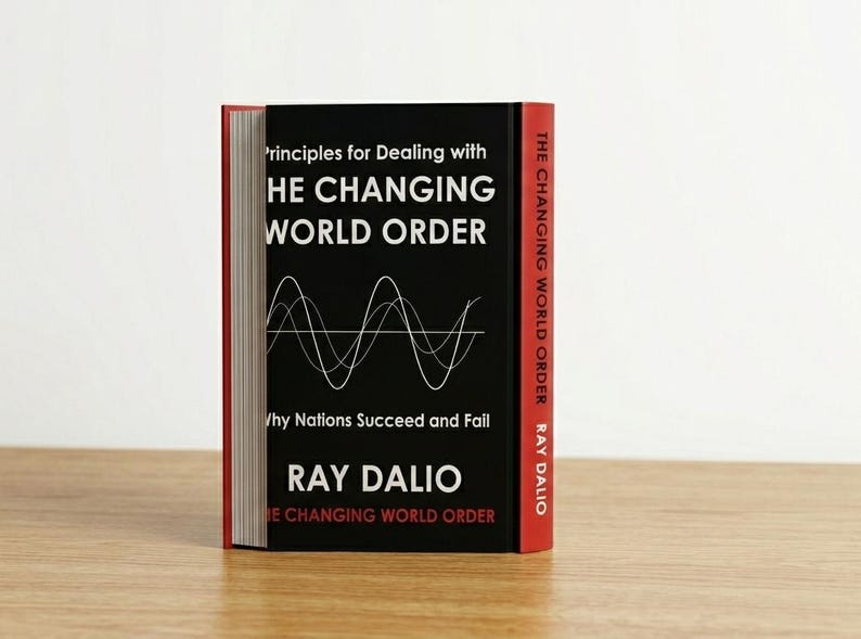 May include: A hardcover book titled Principles for Dealing with the Changing World Order: Why Nations Succeed and Fail by Ray Dalio. The black cover features white text and a white line graph illustration, with a red spine and white lettering.