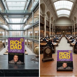 May include: A book titled "Rich Dad Poor Dad" by Robert T. Kiyosaki, with a purple and yellow cover, is displayed on a table. The image is taken in a library setting, with a clock, globe, and glasses also visible.