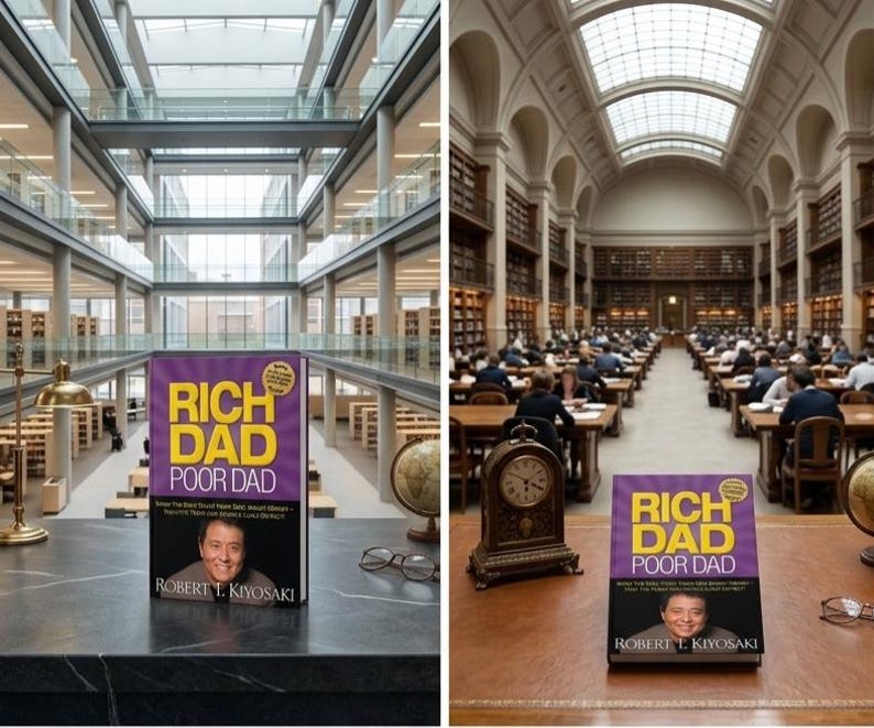 May include: A book titled "Rich Dad Poor Dad" by Robert T. Kiyosaki, with a purple and yellow cover, is displayed on a table. The image is taken in a library setting, with a clock, globe, and glasses also visible.