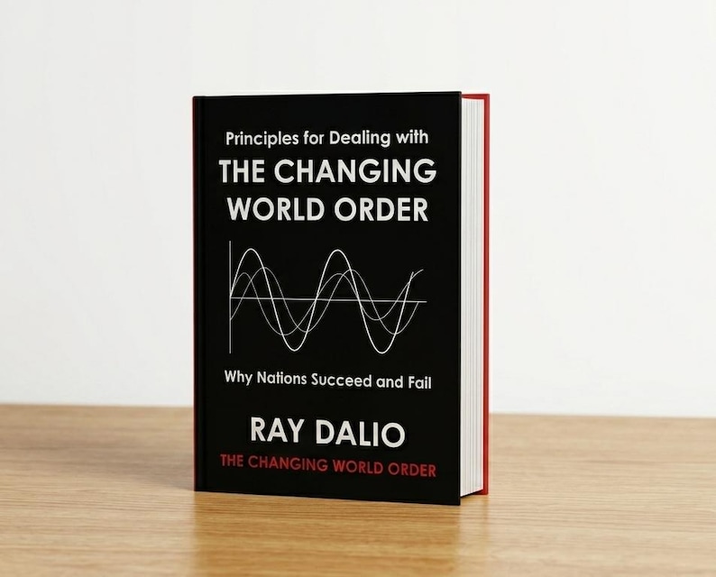 May include: A hardcover book titled Principles for Dealing with THE CHANGING WORLD ORDER by Ray Dalio. The black cover features white text, a white line graph showing wave patterns, and the title repeated in red at the bottom of the front cover.