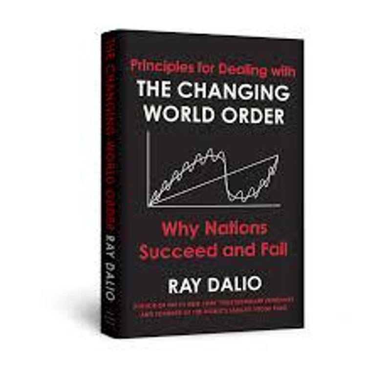 May include: A hardcover book titled Principles for Dealing with The Changing World Order: Why Nations Succeed and Fail by Ray Dalio. The black cover features white and red text with a white line graph showing a wave pattern on the front.