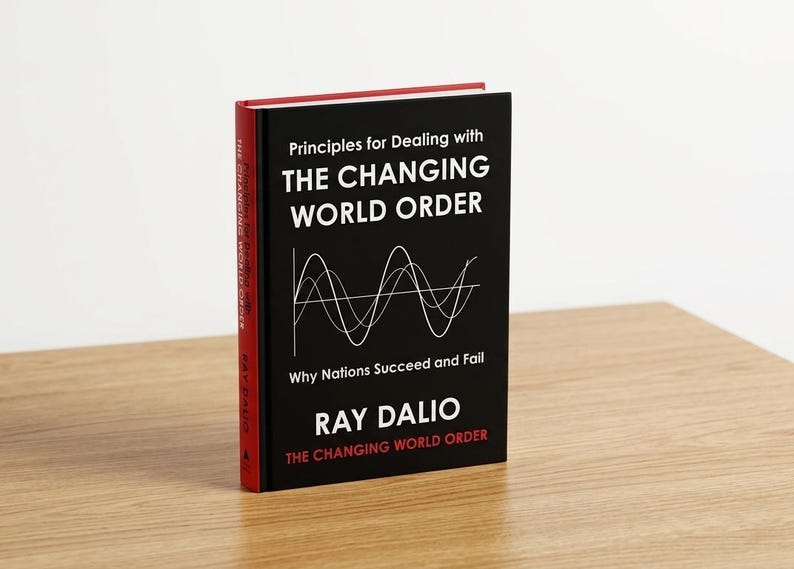 May include: A hardcover book titled Principles for Dealing with The Changing World Order by Ray Dalio. The black cover features white text and a white line graph showing three intersecting waves. The book spine is red with white text.