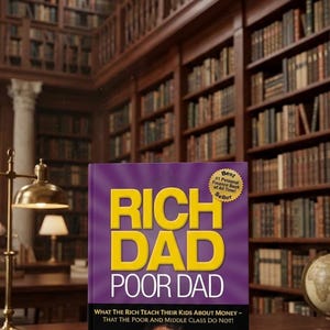 May include: A copy of "Rich Dad Poor Dad" by Robert T. Kiyosaki. The book has a purple cover with yellow text. The title is prominently displayed. The book is in a library setting with bookshelves filled with books.