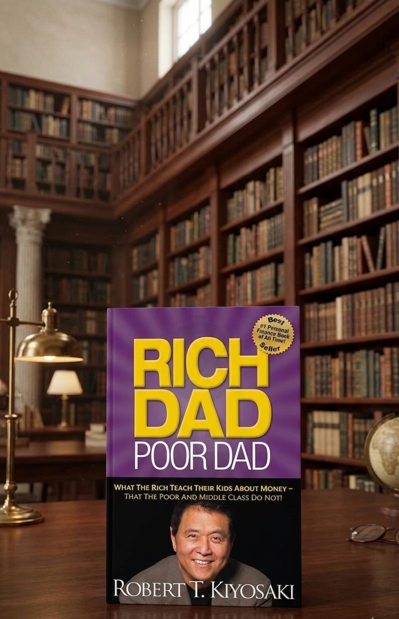 May include: A copy of "Rich Dad Poor Dad" by Robert T. Kiyosaki. The book has a purple cover with yellow text. The title is prominently displayed. The book is in a library setting with bookshelves filled with books.