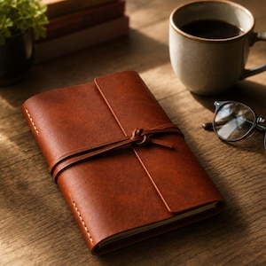 May include: A rectangular journal bound in smooth, medium-brown leather with visible stitching along the edges. The cover is secured by a matching leather cord wrapped horizontally around the center and tied in a simple knot on the front side.