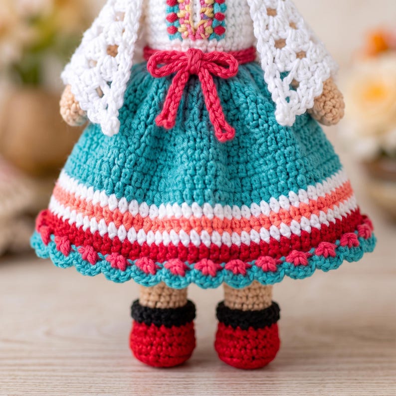May include: A handmade crochet doll featuring a white bodice with colorful embroidery, a teal skirt with horizontal stripes in white, pink, and red, and a white lacy shawl. The doll wears red shoes with black cuffs and has a pink yarn bow at the waist.
