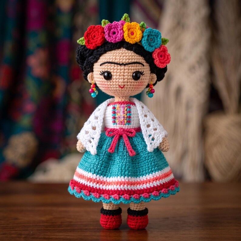 May include: A crocheted doll with black hair styled in a braided updo, adorned with a crown of red, pink, yellow, and blue flowers. The doll wears a white top with colorful embroidery, a white shawl, a teal skirt with red trim, and red shoes.