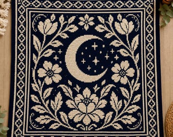 Mosaic Crochet Pattern Moon Blanket, Celestial Floral Throw PDF for Cozy Home Decor & Handmade Gift Lovers