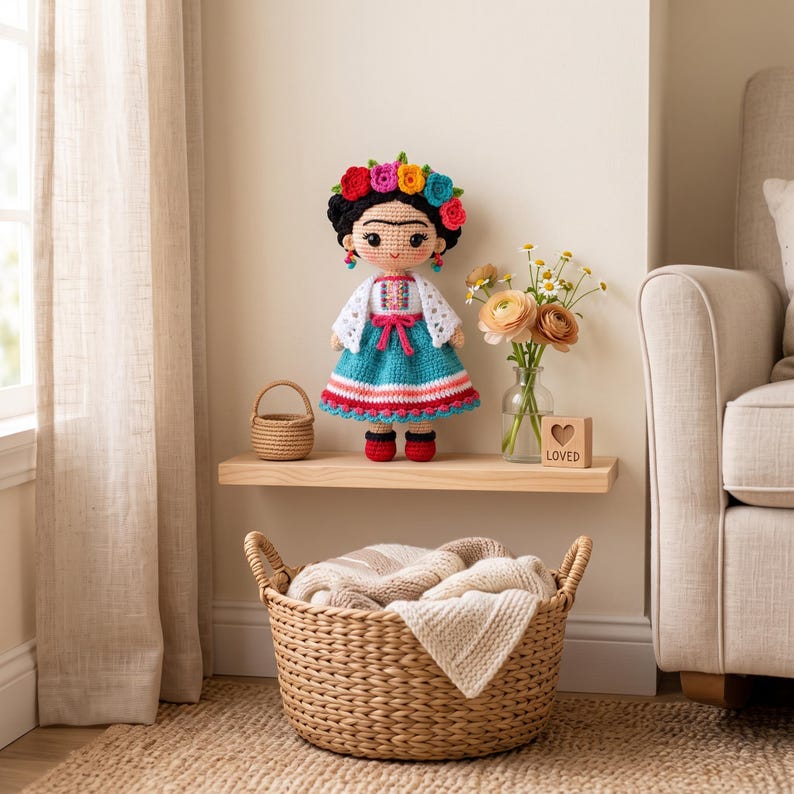 May include: A handcrafted crochet doll featuring dark hair styled with a vibrant floral crown, wearing a white top with colorful embroidery, a teal skirt with red and white trim, and red shoes, standing next to a small basket and a glass vase of flowers.