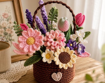 Handmade Flower Crochet Pattern Basket Bouquet PDF, Daisy & Tulip Floral Decor for Gifts, Spring Home Styling and DIY Lovers