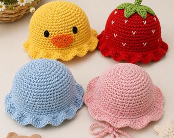 Crochet Baby Hat Pattern Duck Design & Strawberry Style for Newborn Gifts Easy DIY Sun Hat PDF